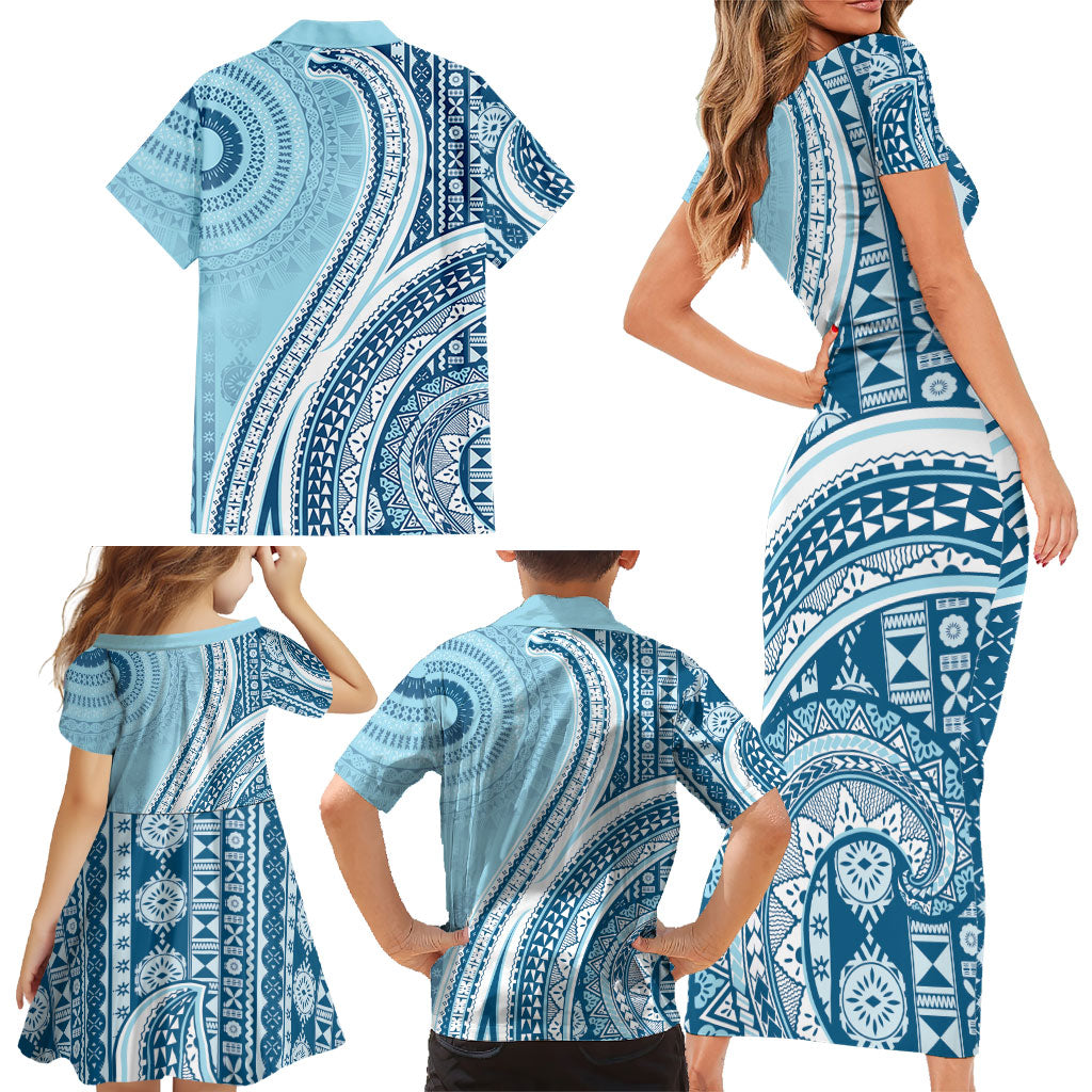 Bula Fiji Vintage Tapa Family Matching Short Sleeve Bodycon Dress and Hawaiian Shirt Kaivity Masi Wave Motifs - Turquoise