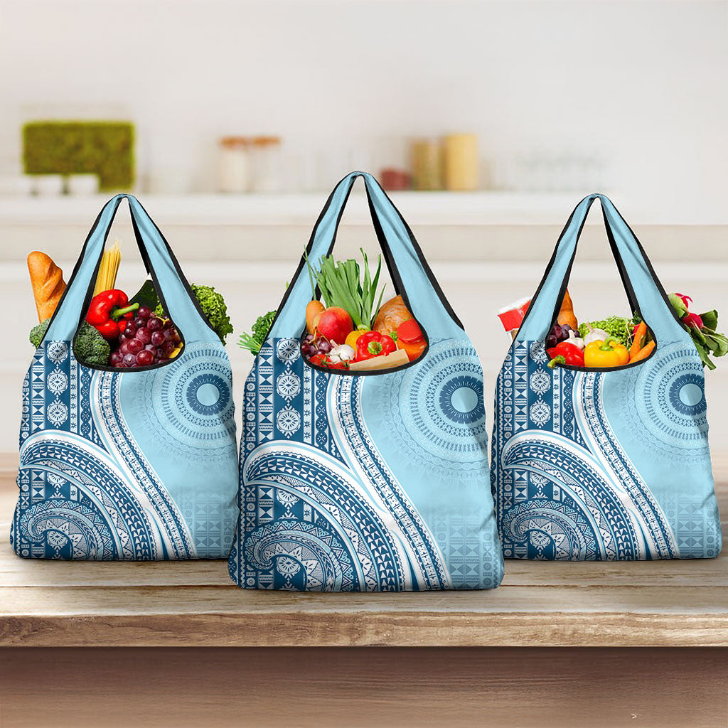 Bula Fiji Vintage Tapa Grocery Bag Kaivity Masi Wave Motifs - Turquoise LT7 3-pack One Size Turquoise - Polynesian Pride