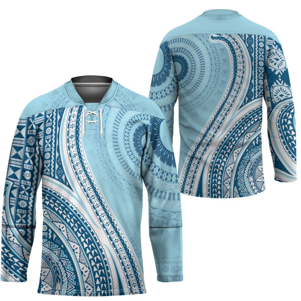 Bula Fiji Vintage Tapa Hockey Jersey Kaivity Masi Wave Motifs - Turquoise LT7 - Polynesian Pride