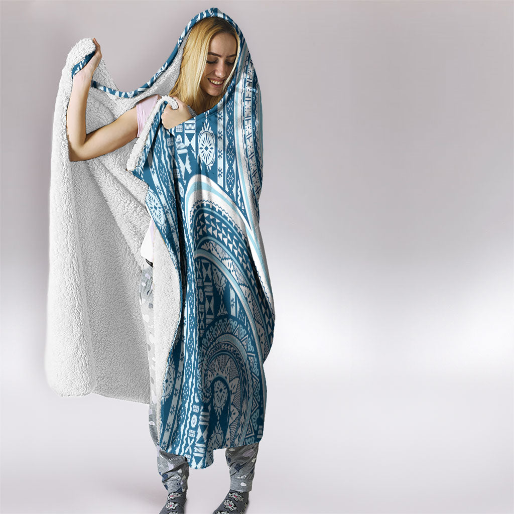 Bula Fiji Vintage Tapa Hooded Blanket Kaivity Masi Wave Motifs - Turquoise