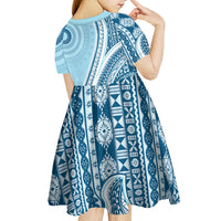 Bula Fiji Vintage Tapa Kid Short Sleeve Dress Kaivity Masi Wave Motifs - Turquoise LT7 - Polynesian Pride