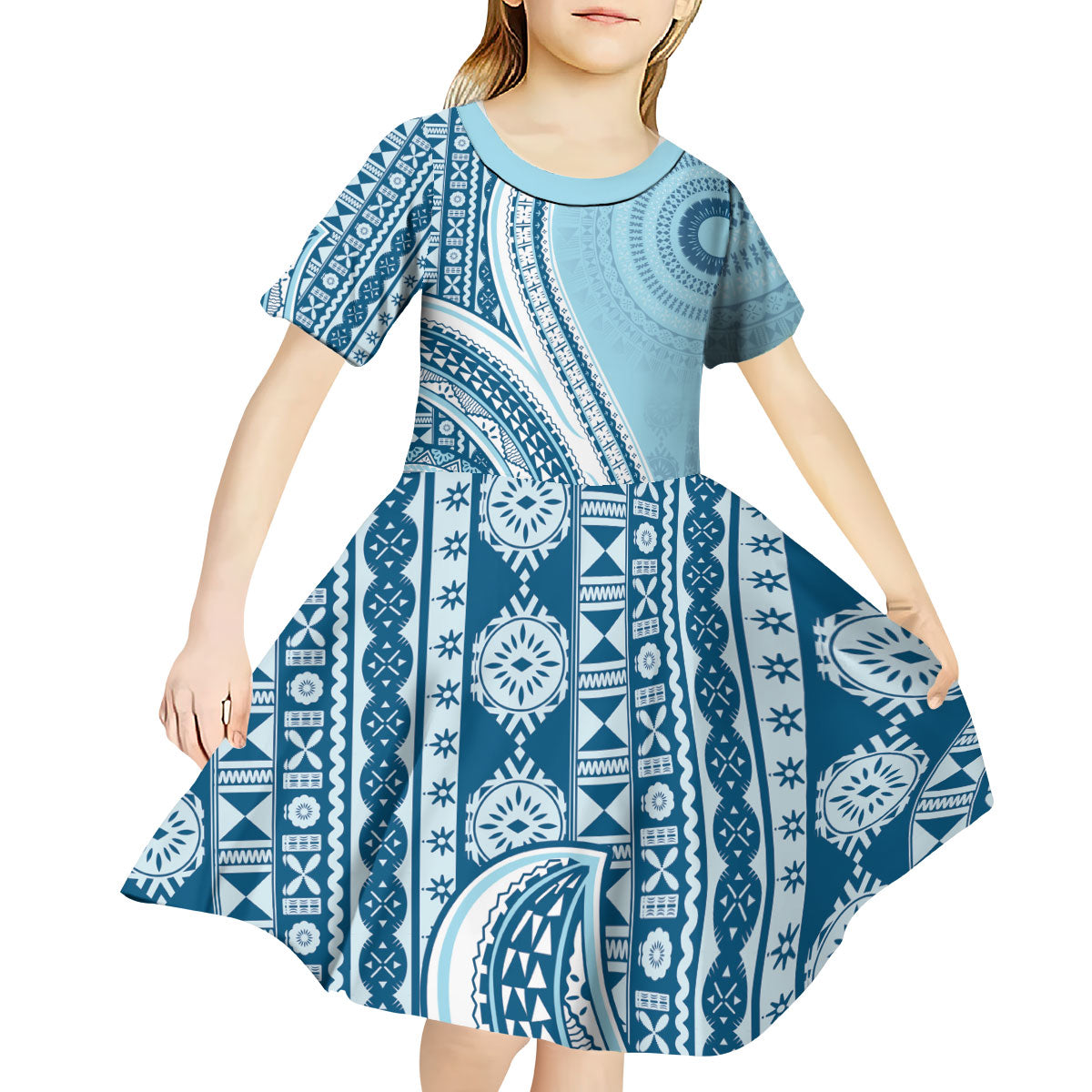 Bula Fiji Vintage Tapa Kid Short Sleeve Dress Kaivity Masi Wave Motifs - Turquoise LT7 - Polynesian Pride