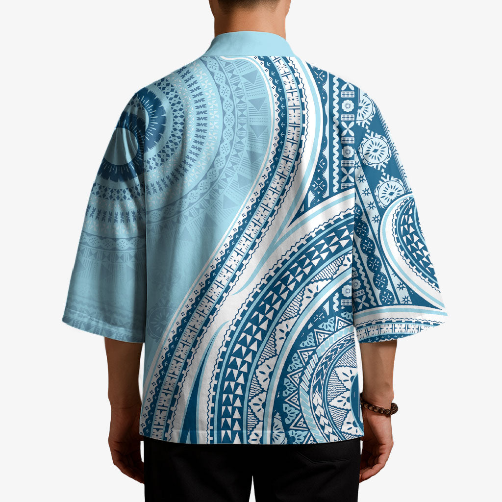 Bula Fiji Vintage Tapa Kimono Kaivity Masi Wave Motifs - Turquoise LT7 - Polynesian Pride