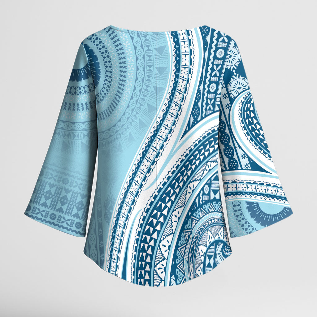 Bula Fiji Vintage Tapa Kimono Sleeve Blouse Kaivity Masi Wave Motifs - Turquoise LT7 - Polynesian Pride