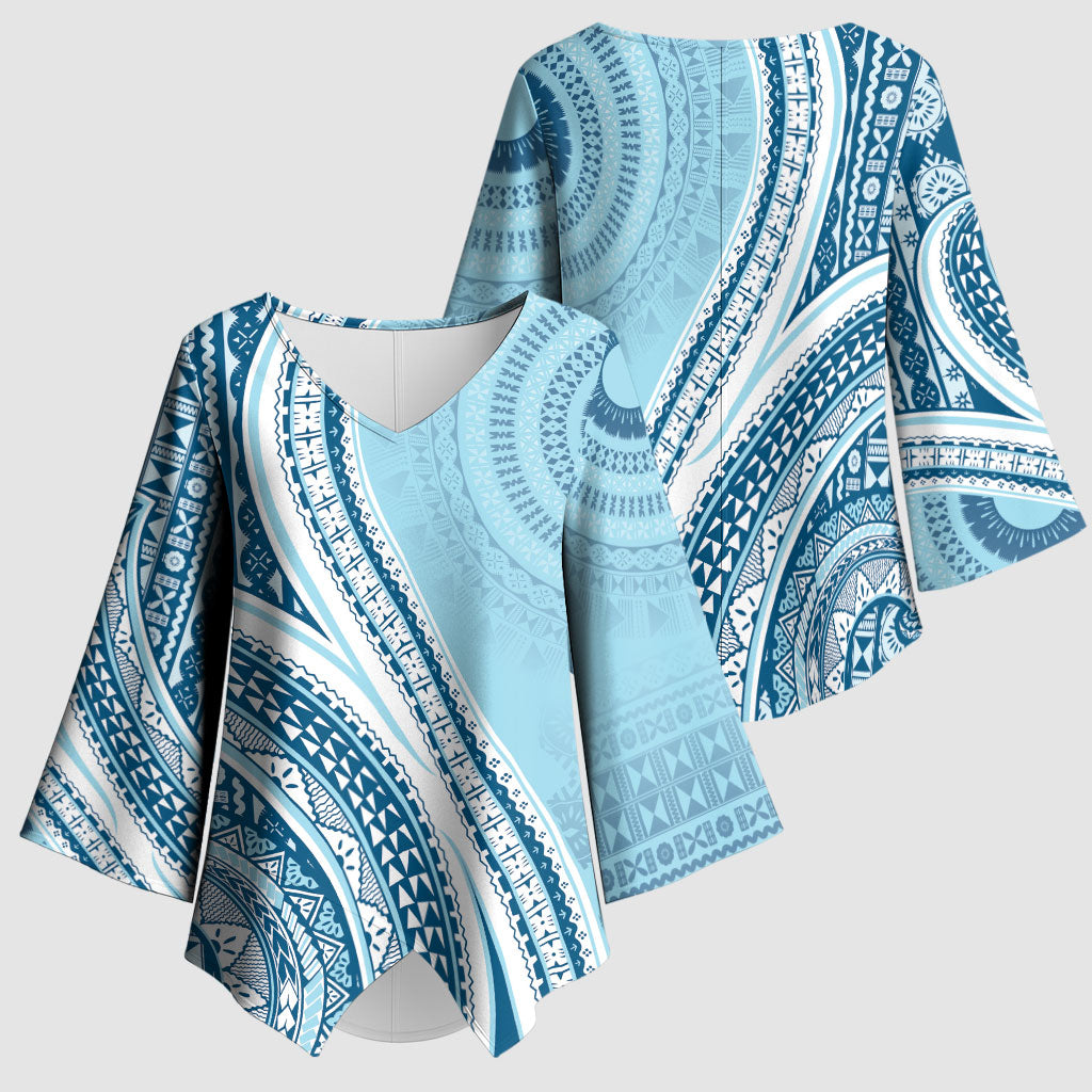 Bula Fiji Vintage Tapa Kimono Sleeve Blouse Kaivity Masi Wave Motifs - Turquoise LT7 - Polynesian Pride
