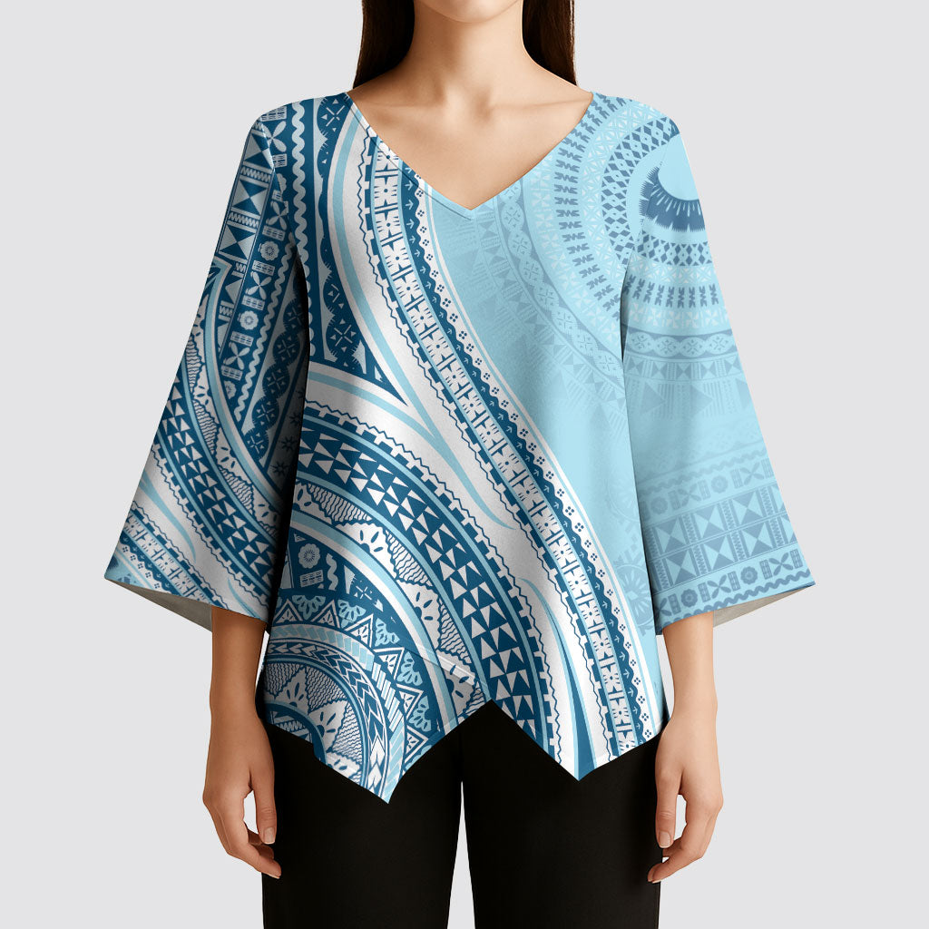 Bula Fiji Vintage Tapa Kimono Sleeve Blouse Kaivity Masi Wave Motifs - Turquoise LT7 - Polynesian Pride