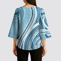 Bula Fiji Vintage Tapa Kimono Sleeve Blouse Kaivity Masi Wave Motifs - Turquoise LT7 - Polynesian Pride