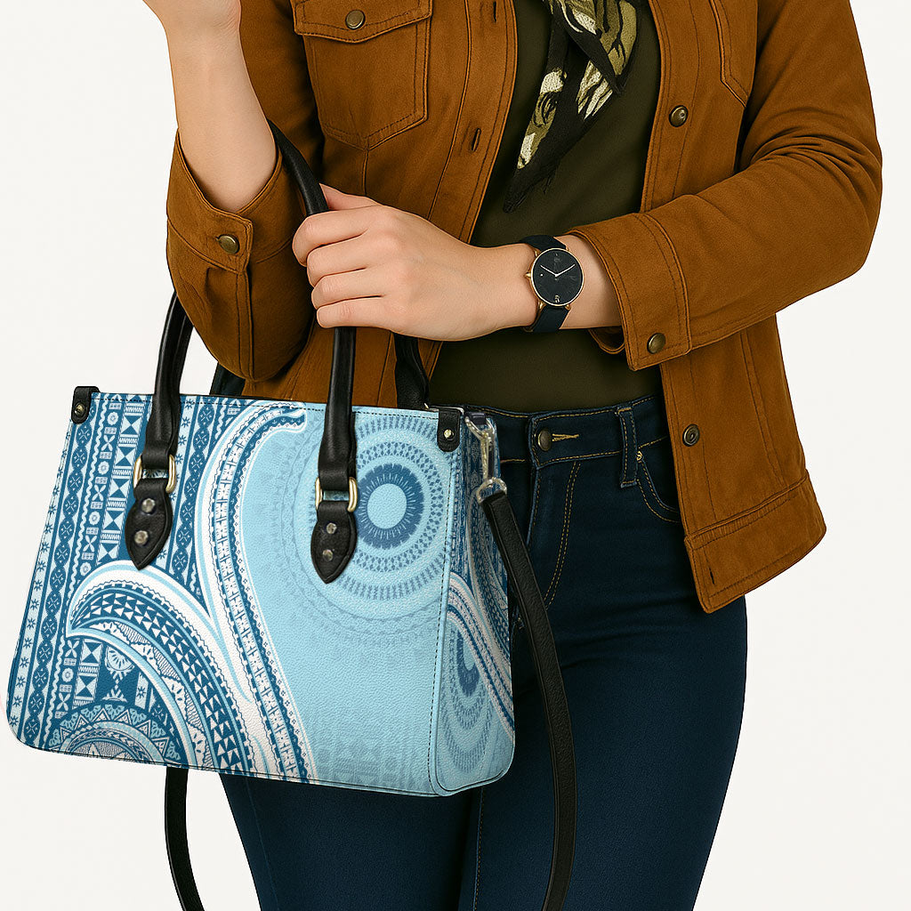 Bula Fiji Vintage Tapa Leather Bag Kaivity Masi Wave Motifs - Turquoise LT7 - Polynesian Pride