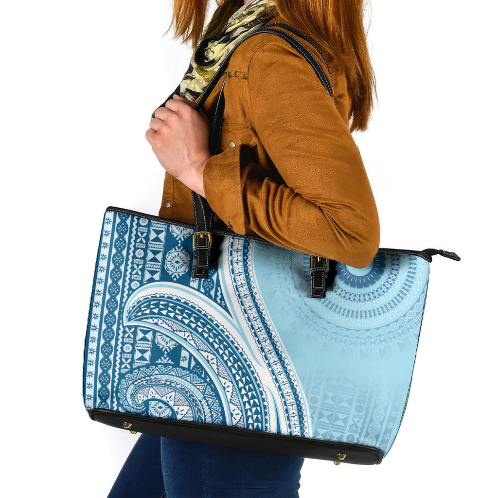 Bula Fiji Vintage Tapa Leather Tote Bag Kaivity Masi Wave Motifs - Turquoise LT7 Turquoise - Polynesian Pride