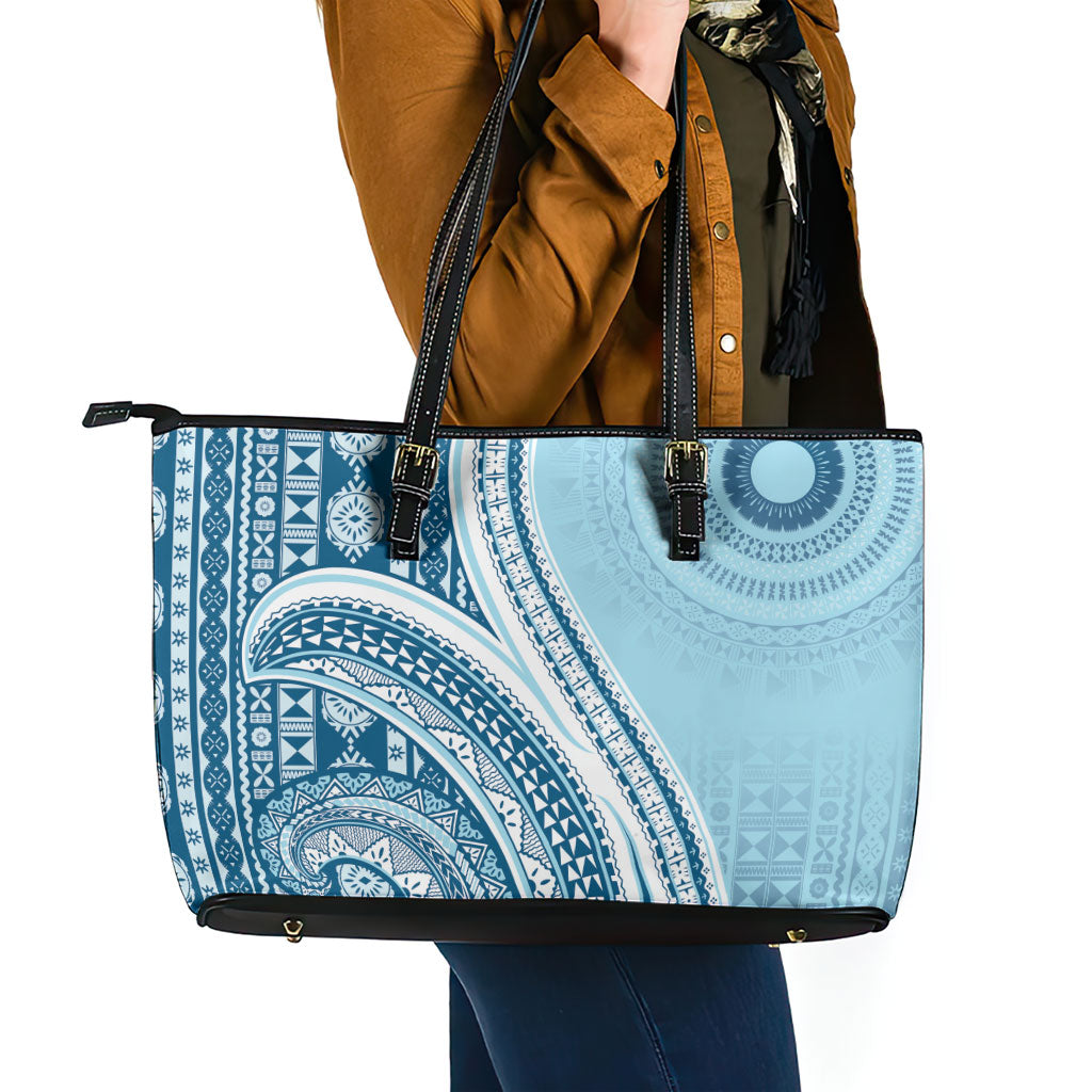 Bula Fiji Vintage Tapa Leather Tote Bag Kaivity Masi Wave Motifs - Turquoise LT7 - Polynesian Pride