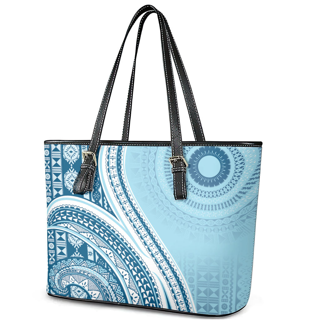 Bula Fiji Vintage Tapa Leather Tote Bag Kaivity Masi Wave Motifs - Turquoise LT7 - Polynesian Pride