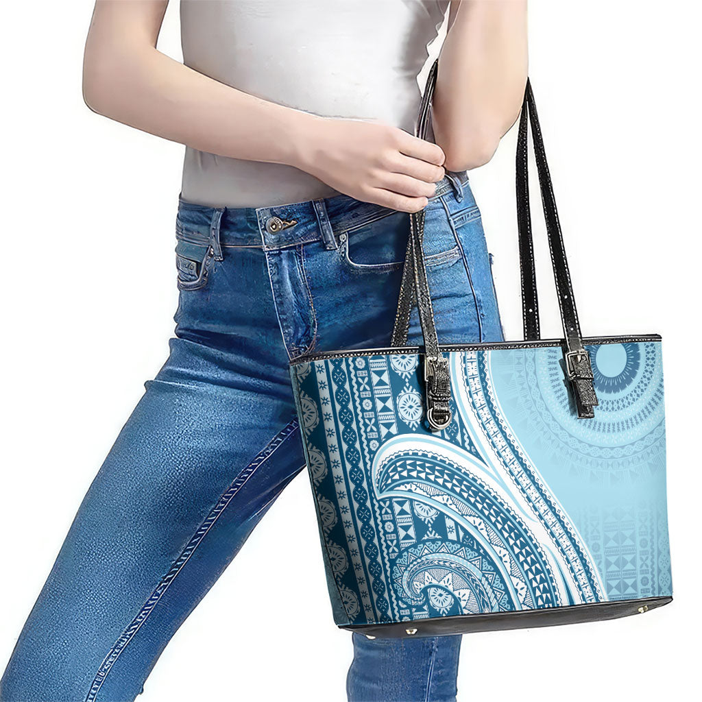 Bula Fiji Vintage Tapa Leather Tote Bag Kaivity Masi Wave Motifs - Turquoise LT7 - Polynesian Pride