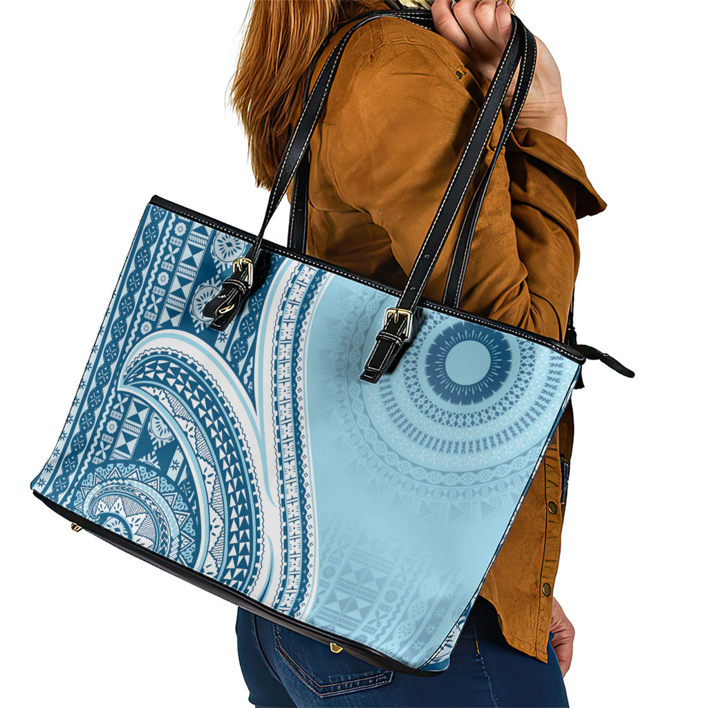 Bula Fiji Vintage Tapa Leather Tote Bag Kaivity Masi Wave Motifs - Turquoise LT7 - Polynesian Pride