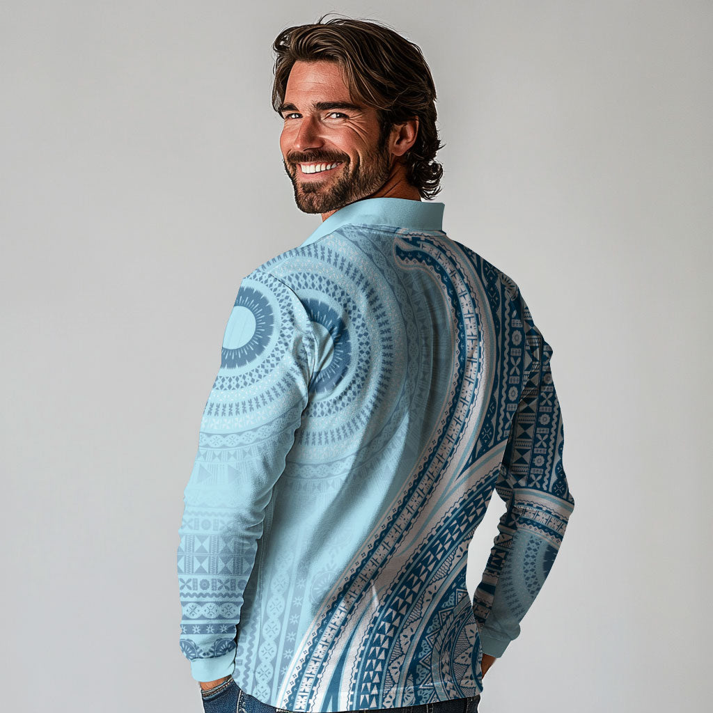 Bula Fiji Vintage Tapa Long Sleeve Polo Shirt Kaivity Masi Wave Motifs - Turquoise LT7 - Polynesian Pride
