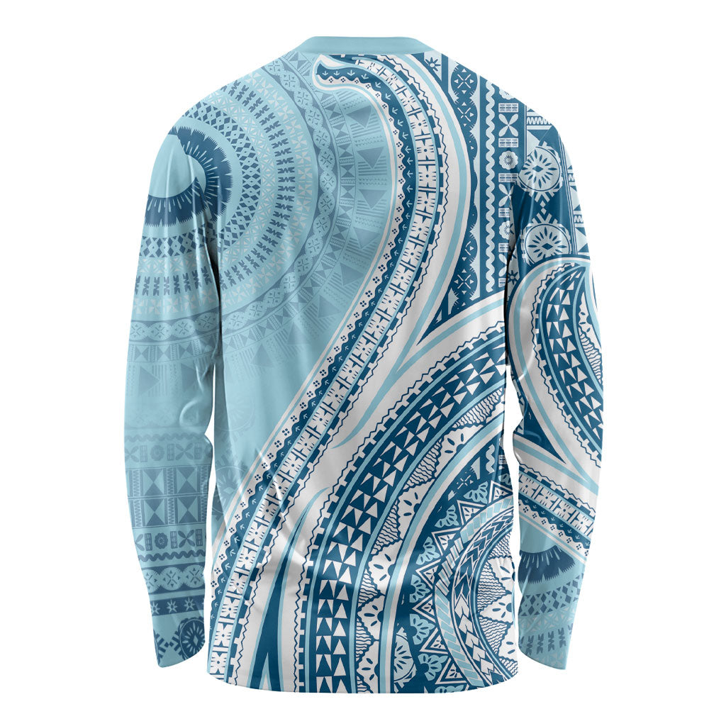 Bula Fiji Vintage Tapa Long Sleeve Shirt Kaivity Masi Wave Motifs - Turquoise LT7 - Polynesian Pride