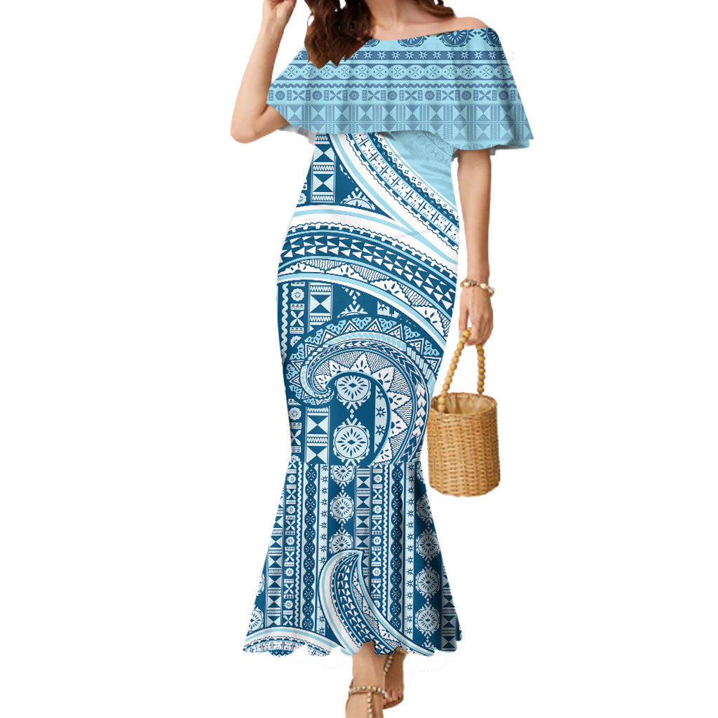 Bula Fiji Vintage Tapa Mermaid Dress Kaivity Masi Wave Motifs - Turquoise