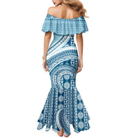 Bula Fiji Vintage Tapa Mermaid Dress Kaivity Masi Wave Motifs - Turquoise LT7 - Polynesian Pride