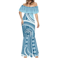 Bula Fiji Vintage Tapa Mermaid Dress Kaivity Masi Wave Motifs - Turquoise LT7 - Polynesian Pride
