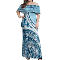 Bula Fiji Vintage Tapa Off Shoulder Maxi Dress Kaivity Masi Wave Motifs - Turquoise LT7 Women Turquoise - Polynesian Pride