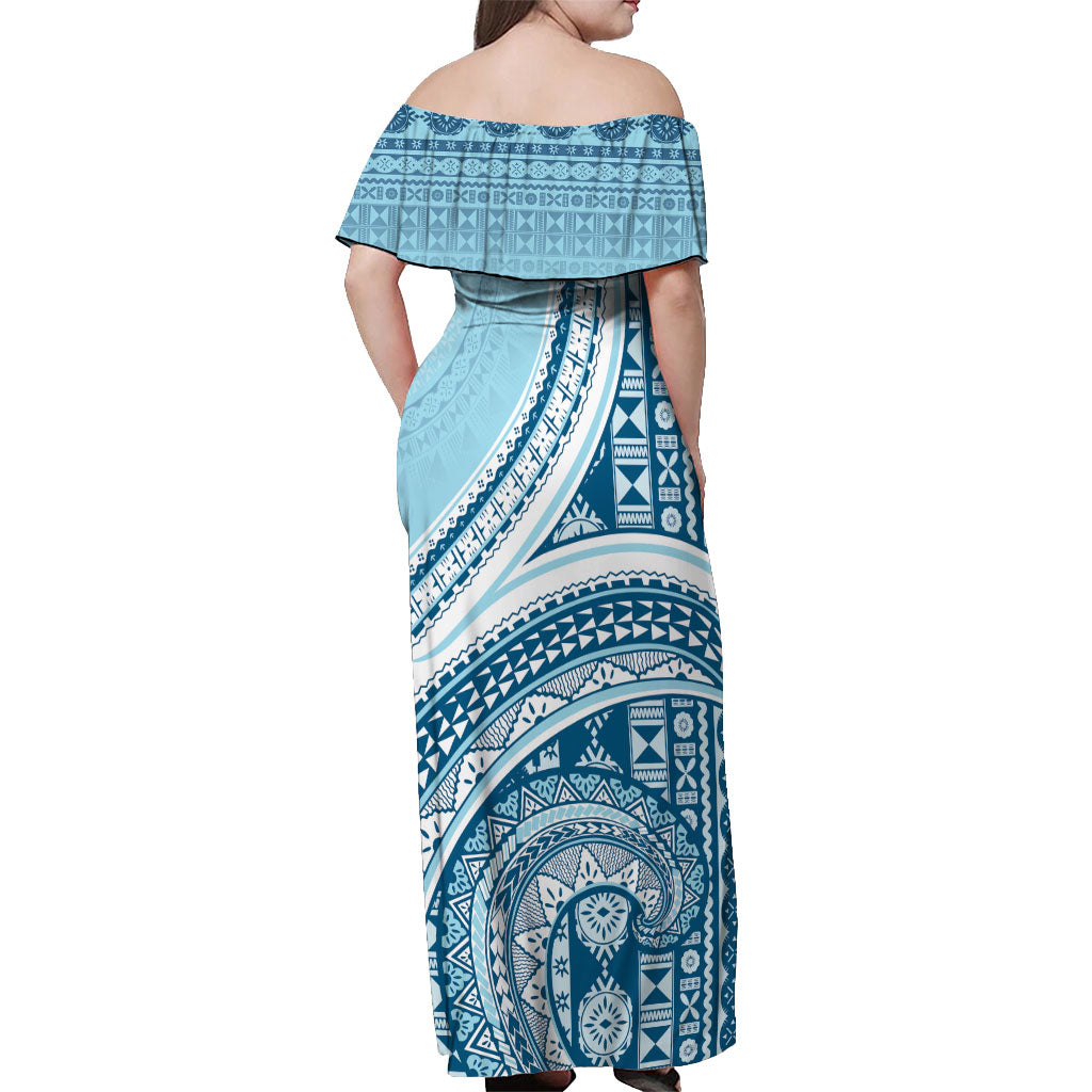 Bula Fiji Vintage Tapa Off Shoulder Maxi Dress Kaivity Masi Wave Motifs - Turquoise LT7 - Polynesian Pride