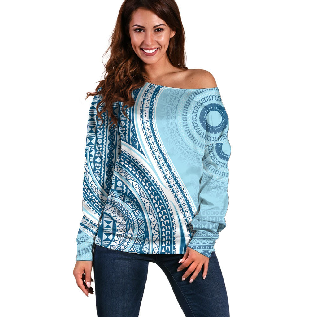 Bula Fiji Vintage Tapa Off Shoulder Sweater Kaivity Masi Wave Motifs - Turquoise LT7 Women Turquoise - Polynesian Pride