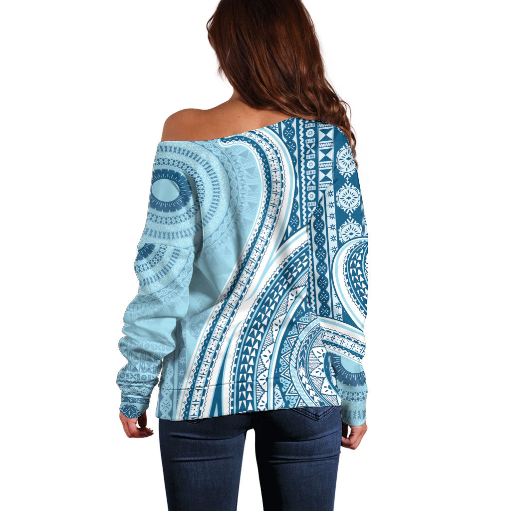 Bula Fiji Vintage Tapa Off Shoulder Sweater Kaivity Masi Wave Motifs - Turquoise LT7 - Polynesian Pride