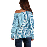 Bula Fiji Vintage Tapa Off Shoulder Sweater Kaivity Masi Wave Motifs - Turquoise LT7 - Polynesian Pride