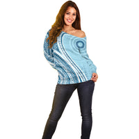 Bula Fiji Vintage Tapa Off Shoulder Sweater Kaivity Masi Wave Motifs - Turquoise LT7 - Polynesian Pride
