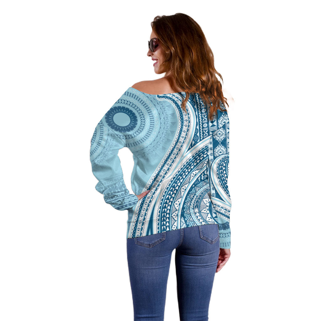 Bula Fiji Vintage Tapa Off Shoulder Sweater Kaivity Masi Wave Motifs - Turquoise LT7 - Polynesian Pride