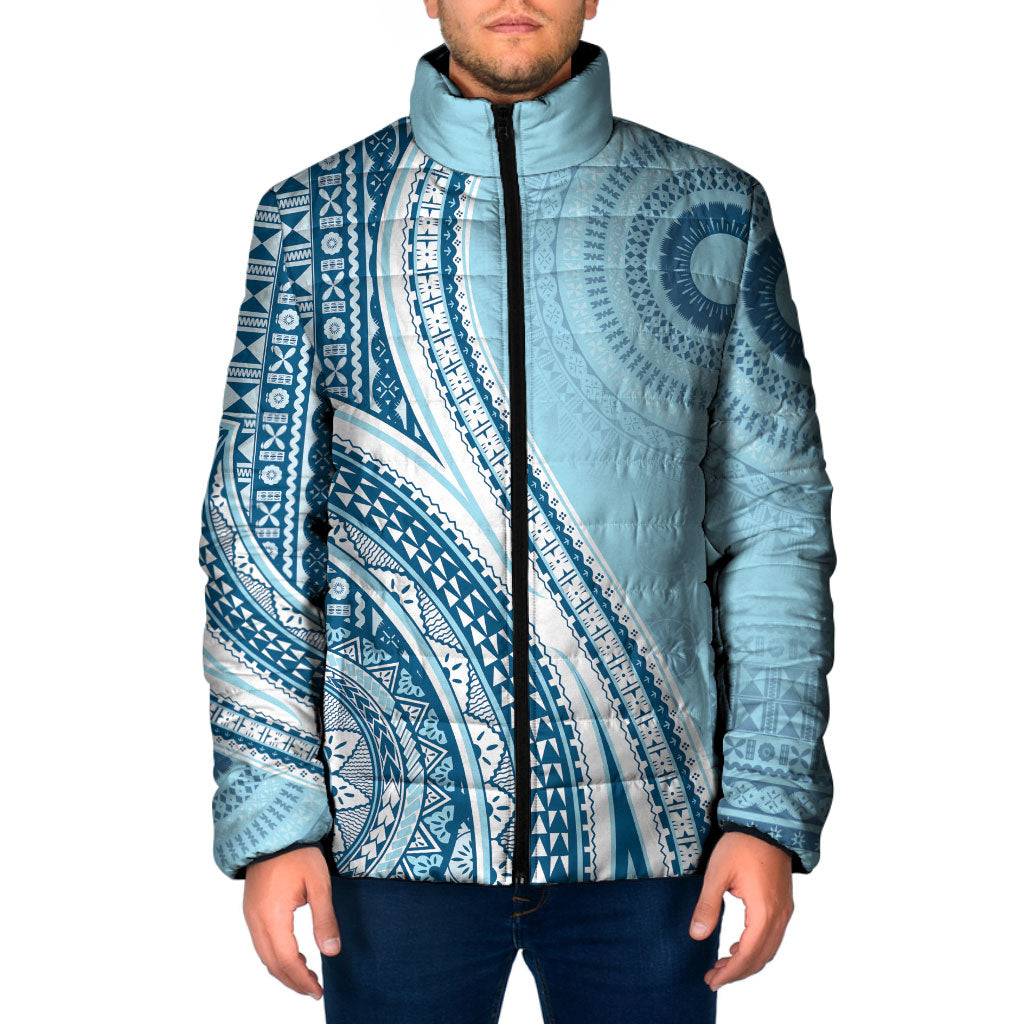 Bula Fiji Vintage Tapa Padded Jacket Kaivity Masi Wave Motifs - Turquoise LT7 Men Turquoise - Polynesian Pride