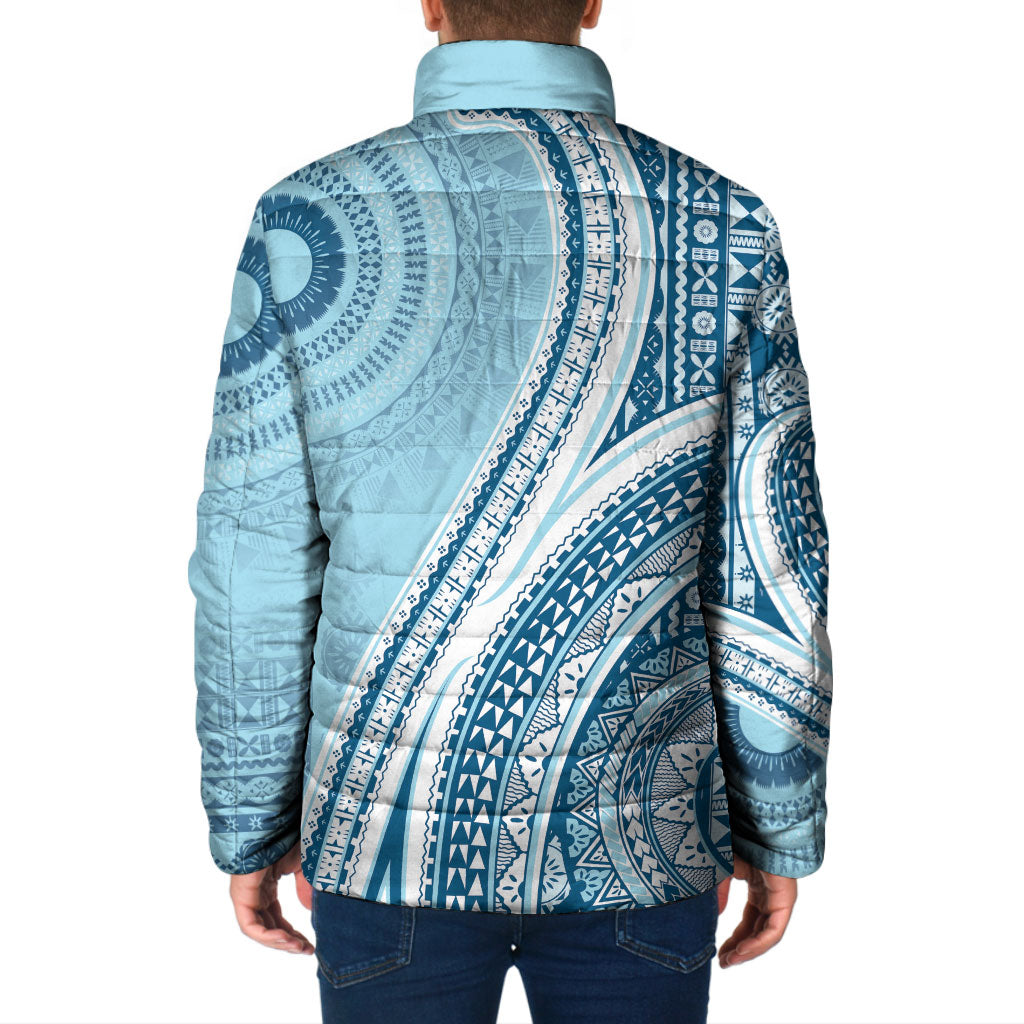 Bula Fiji Vintage Tapa Padded Jacket Kaivity Masi Wave Motifs - Turquoise LT7 - Polynesian Pride