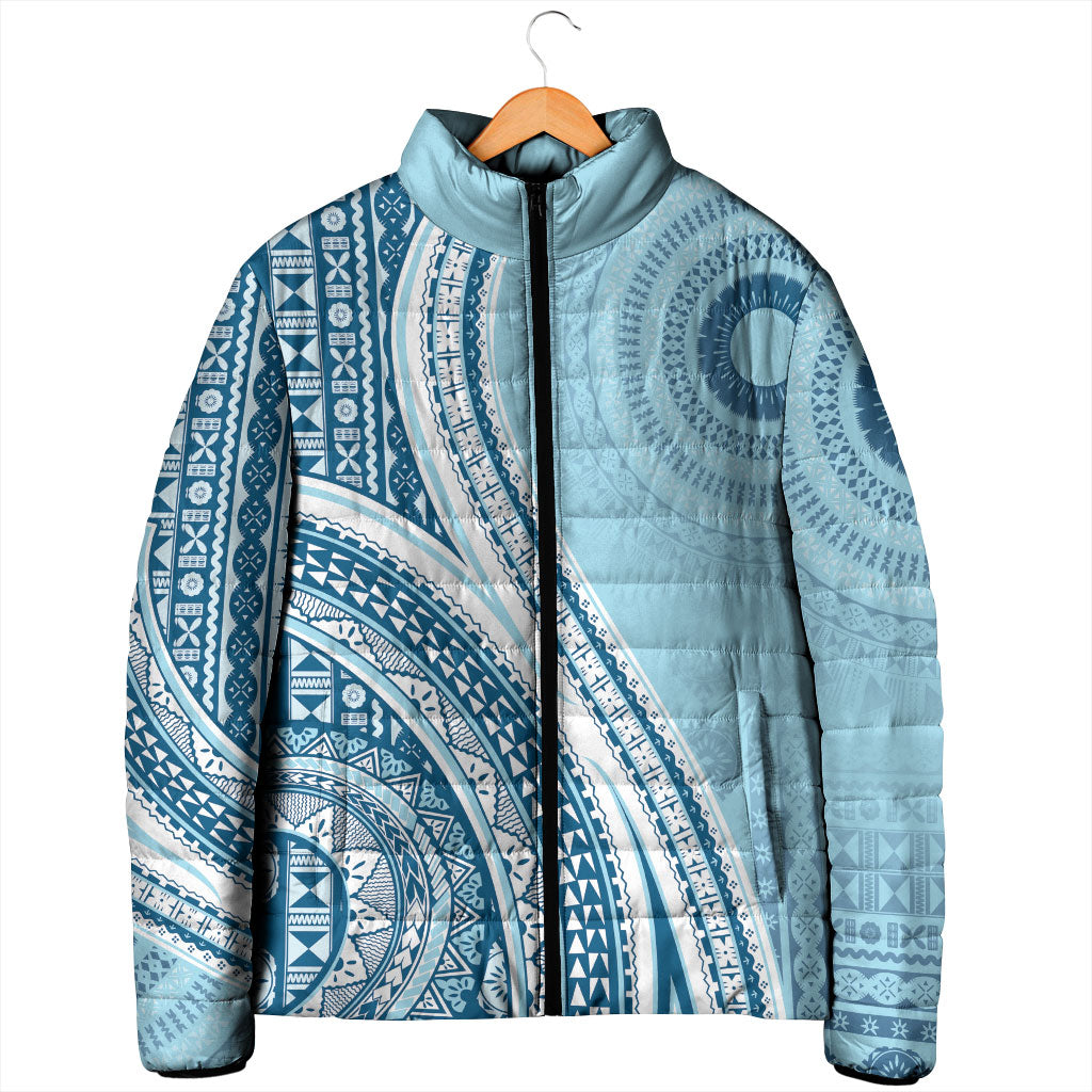 Bula Fiji Vintage Tapa Padded Jacket Kaivity Masi Wave Motifs - Turquoise LT7 - Polynesian Pride