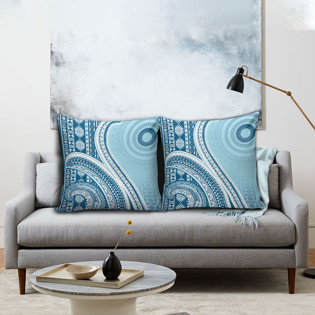 Bula Fiji Vintage Tapa Pillow Cover Kaivity Masi Wave Motifs - Turquoise LT7 - Polynesian Pride