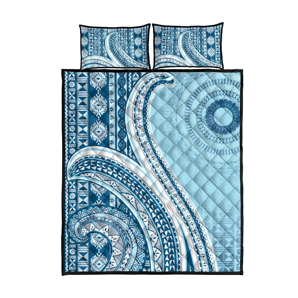 Bula Fiji Vintage Tapa Quilt Bed Set Kaivity Masi Wave Motifs - Turquoise LT7 - Polynesian Pride