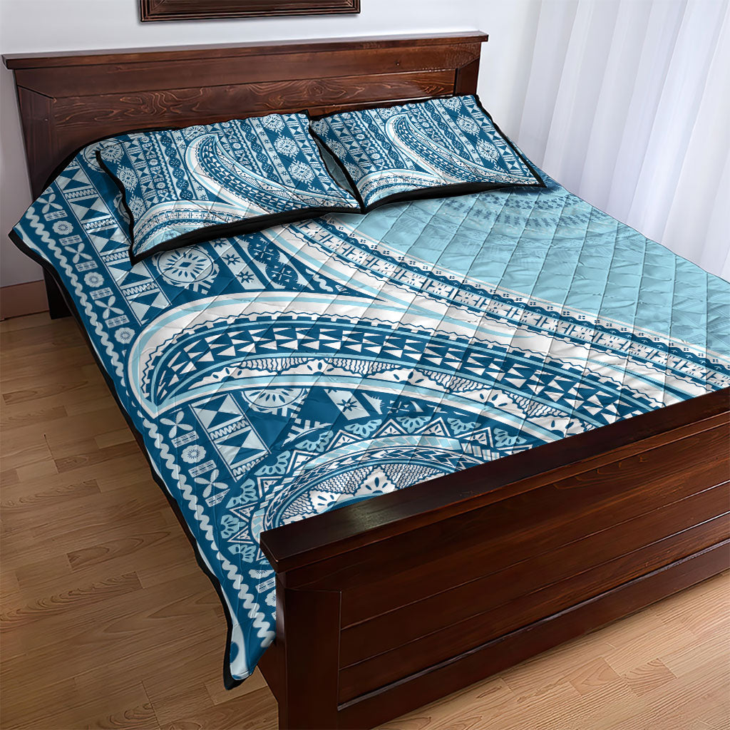 Bula Fiji Vintage Tapa Quilt Bed Set Kaivity Masi Wave Motifs - Turquoise LT7 - Polynesian Pride