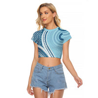 Bula Fiji Vintage Tapa Raglan Cropped T Shirt Kaivity Masi Wave Motifs - Turquoise