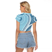 Bula Fiji Vintage Tapa Raglan Cropped T Shirt Kaivity Masi Wave Motifs - Turquoise