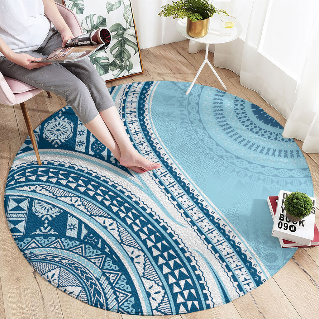 Bula Fiji Vintage Tapa Round Carpet Kaivity Masi Wave Motifs - Turquoise