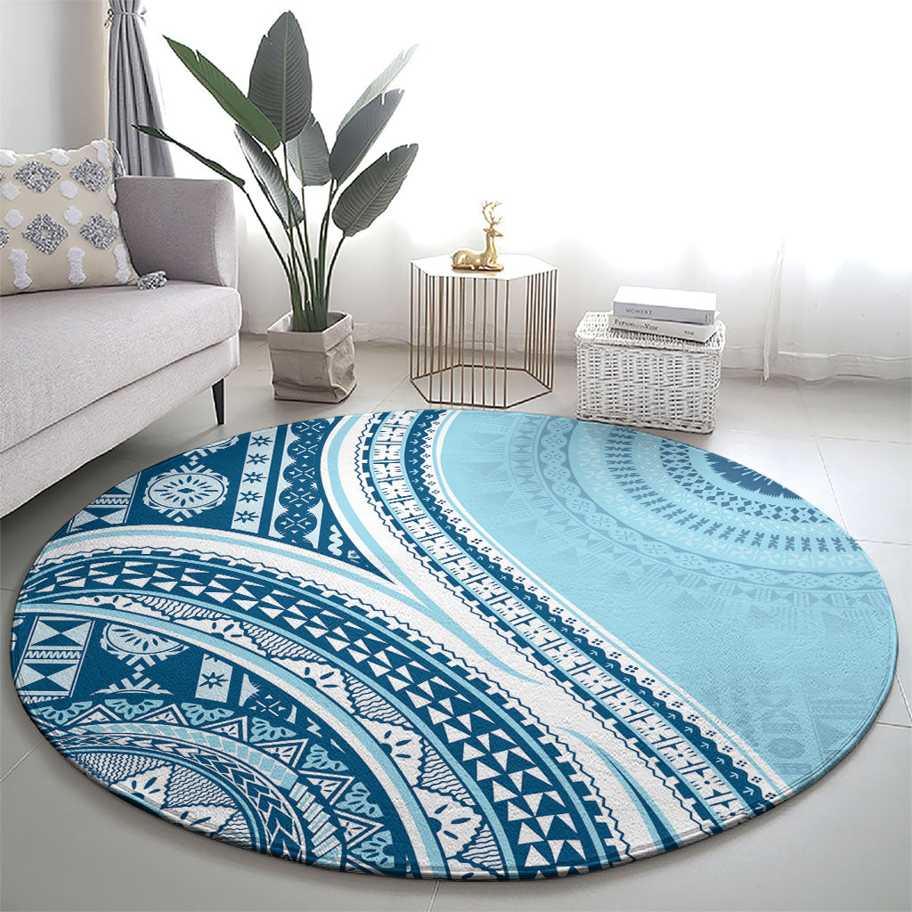 Bula Fiji Vintage Tapa Round Carpet Kaivity Masi Wave Motifs - Turquoise