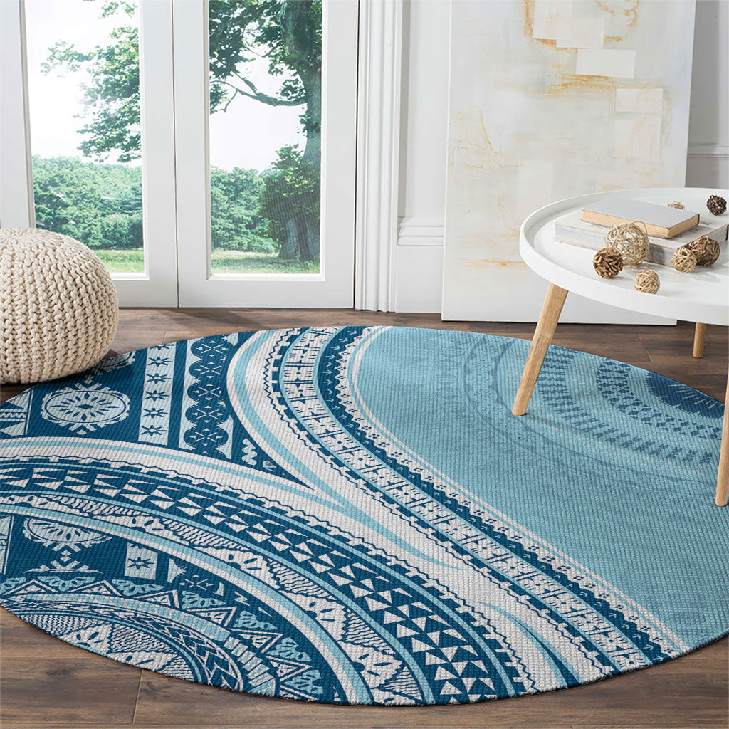 Bula Fiji Vintage Tapa Round Carpet Kaivity Masi Wave Motifs - Turquoise