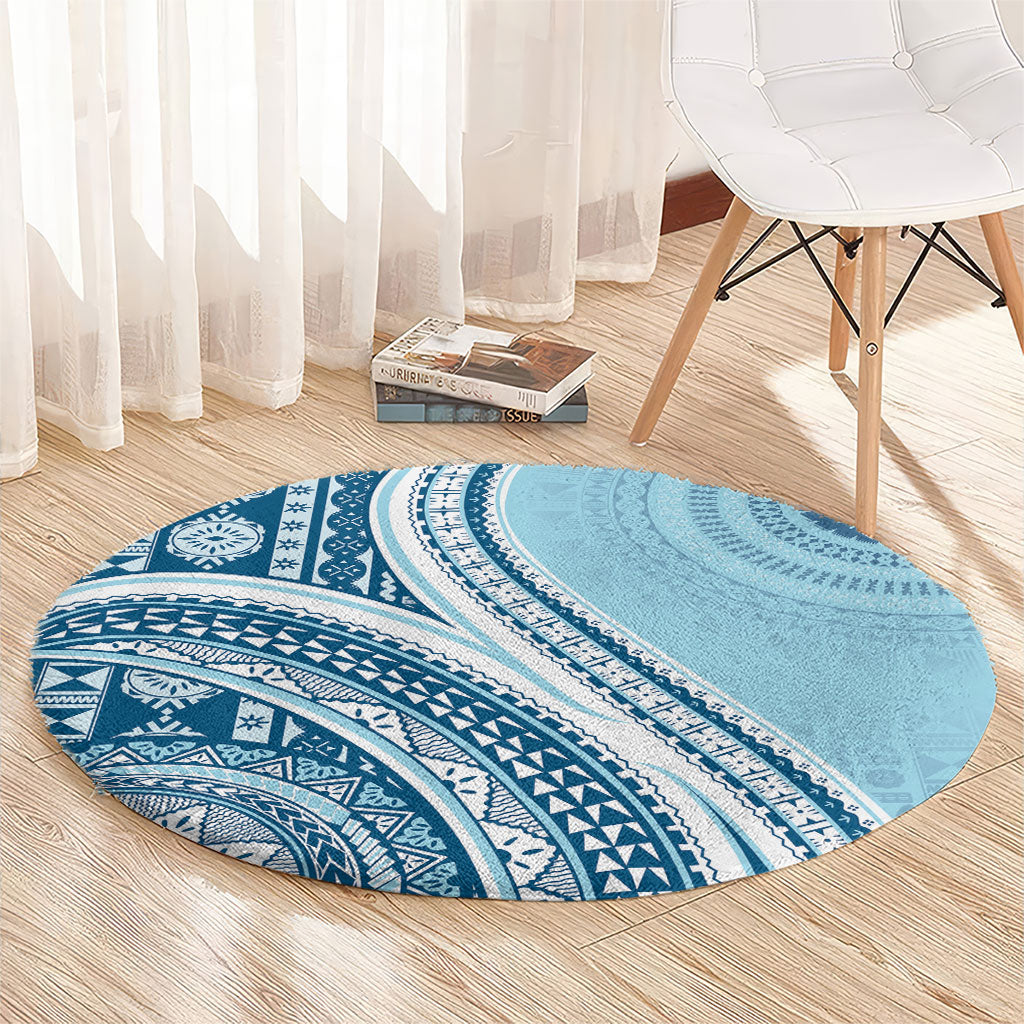 Bula Fiji Vintage Tapa Round Carpet Kaivity Masi Wave Motifs - Turquoise