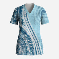 Bula Fiji Vintage Tapa Scrub Top Kaivity Masi Wave Motifs - Turquoise LT7 Adult Turquoise - Polynesian Pride