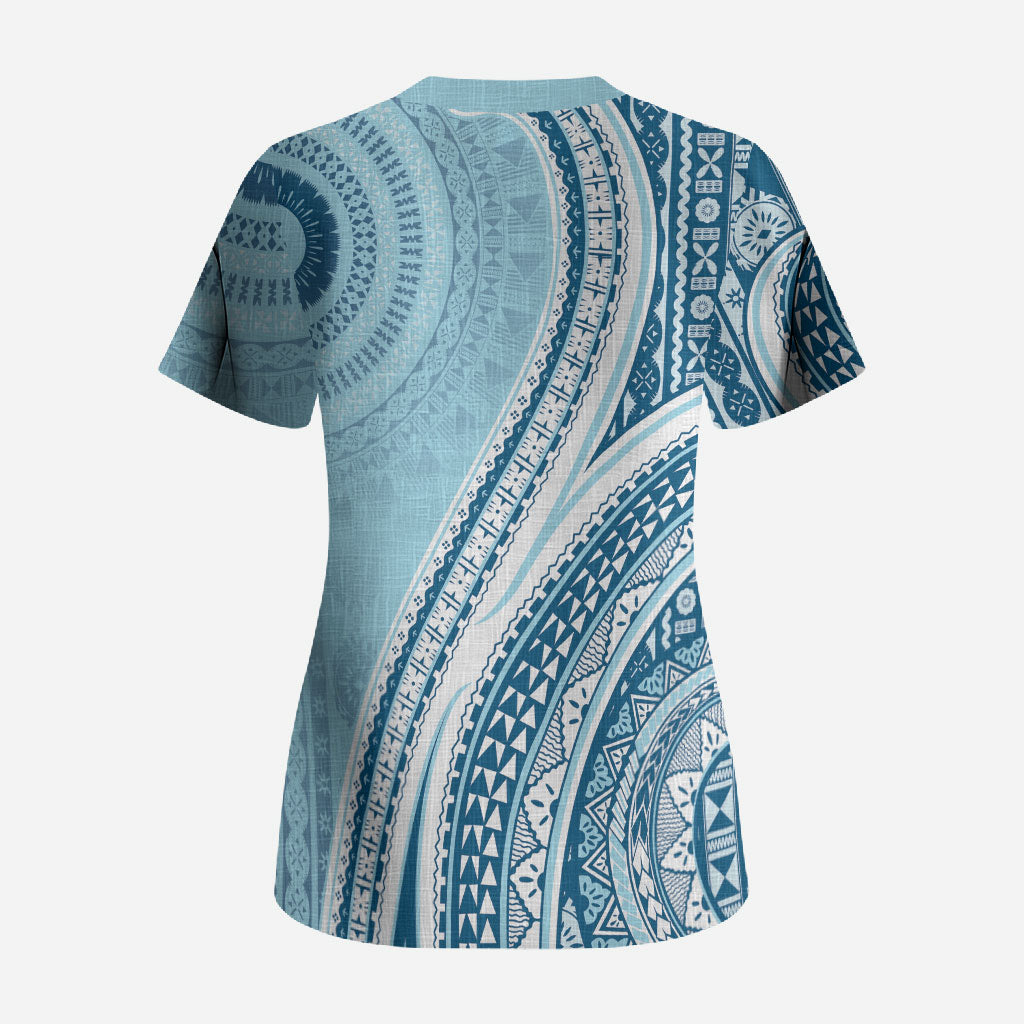 Bula Fiji Vintage Tapa Scrub Top Kaivity Masi Wave Motifs - Turquoise LT7 - Polynesian Pride