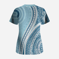 Bula Fiji Vintage Tapa Scrub Top Kaivity Masi Wave Motifs - Turquoise LT7 - Polynesian Pride
