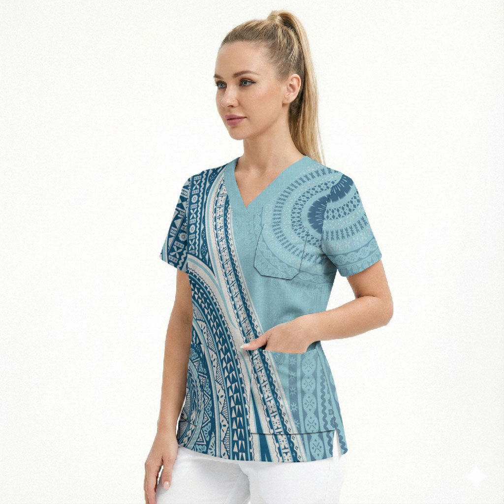 Bula Fiji Vintage Tapa Scrub Top Kaivity Masi Wave Motifs - Turquoise LT7 - Polynesian Pride