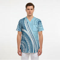 Bula Fiji Vintage Tapa Scrub Top Kaivity Masi Wave Motifs - Turquoise LT7 - Polynesian Pride