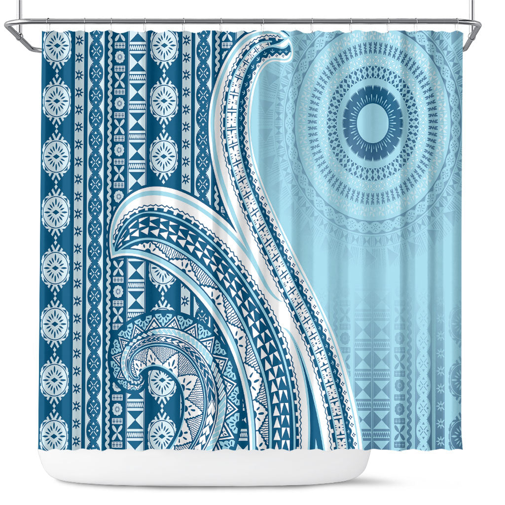 Bula Fiji Vintage Tapa Shower Curtain Kaivity Masi Wave Motifs - Turquoise LT7 Turquoise - Polynesian Pride