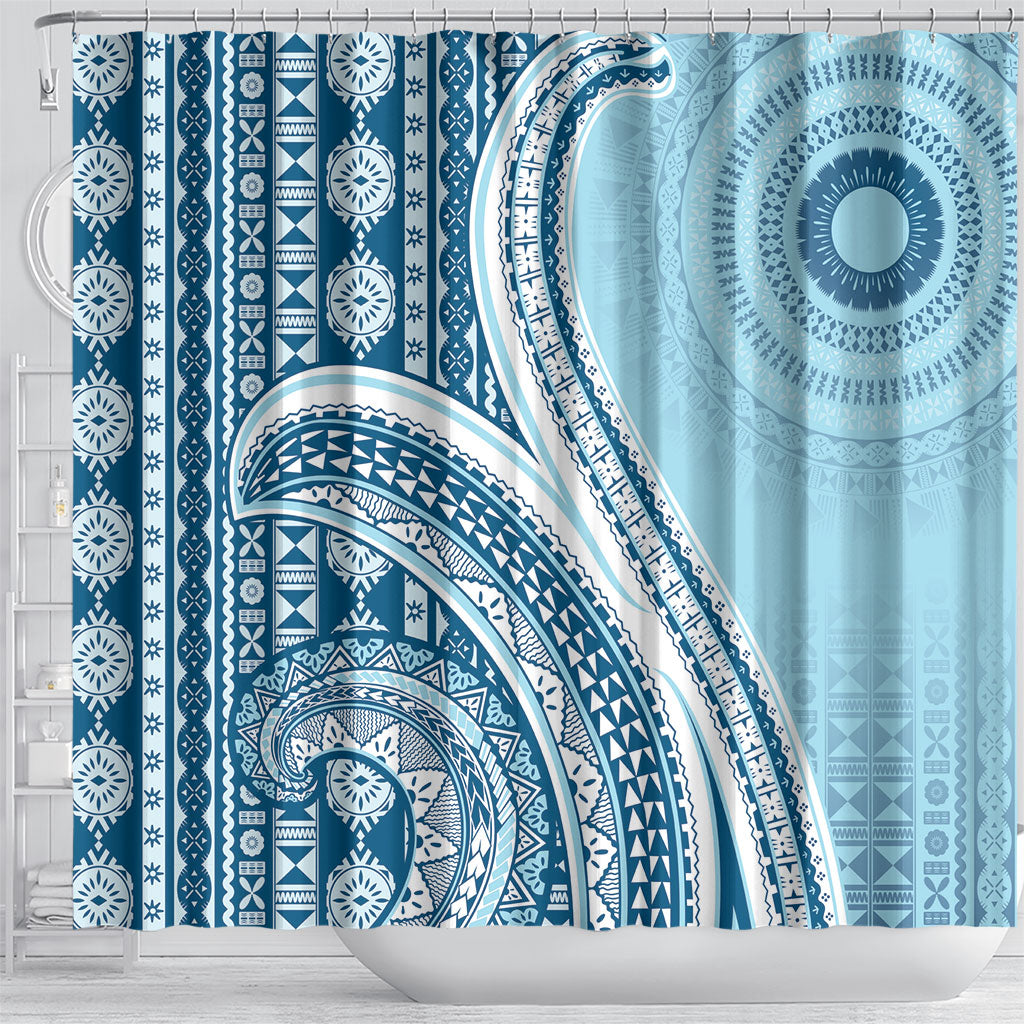 Bula Fiji Vintage Tapa Shower Curtain Kaivity Masi Wave Motifs - Turquoise LT7 - Polynesian Pride