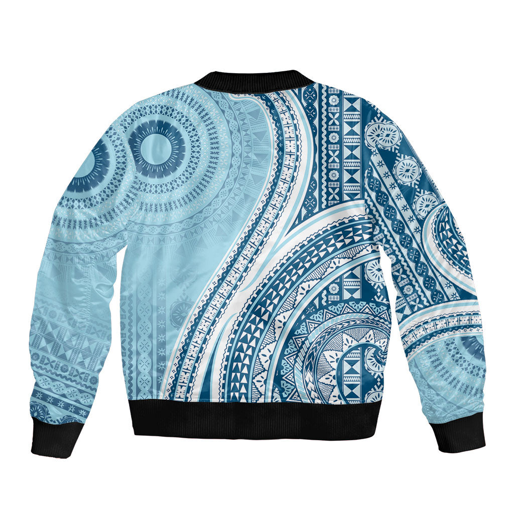 Bula Fiji Vintage Tapa Sleeve Zip Bomber Jacket Kaivity Masi Wave Motifs - Turquoise LT7 - Polynesian Pride