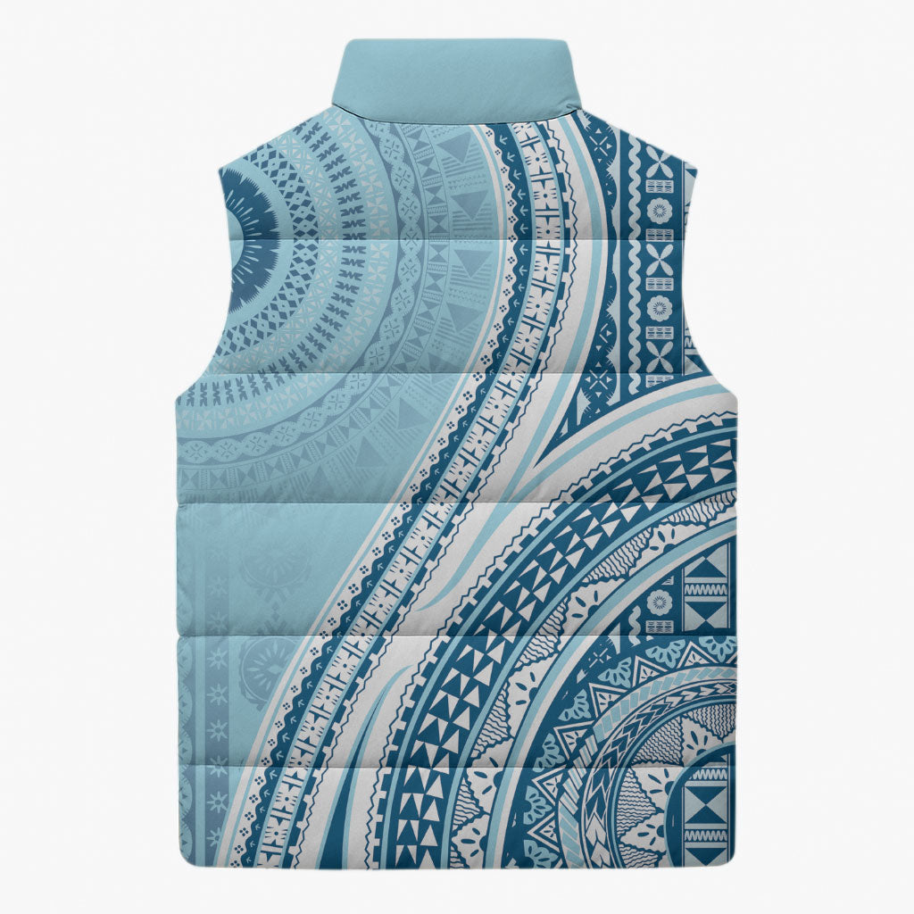 Bula Fiji Vintage Tapa Sleeveless Puffer Jacket Kaivity Masi Wave Motifs - Turquoise LT7 - Polynesian Pride